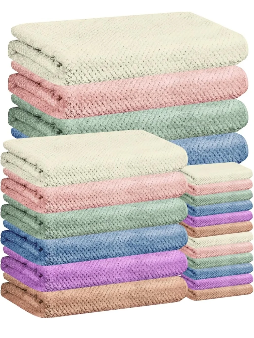 Plush Multicolor Waffle Knit Towel Set - Pastel Mix
